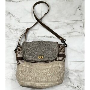 Myra Bag Convertible Crossbody Backpack Cow Hair On Hide Canvas Leather Strap
